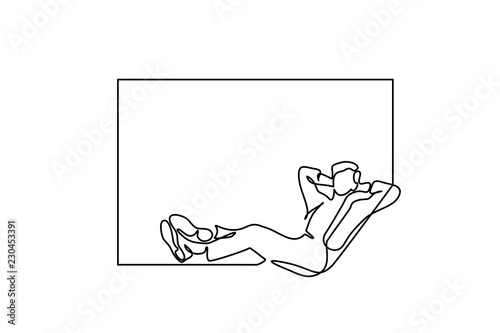 Continuous one line drawing. Young man relaxing in window, sitting. Vector illustration