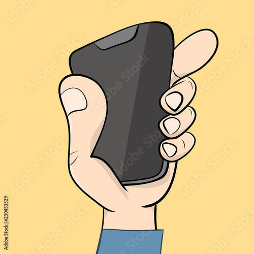 Human hand holding smartphone. Cartoon vector illustration.