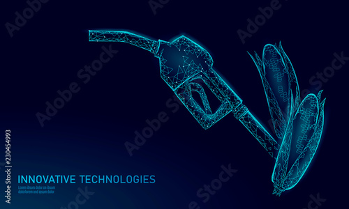 Ecological corn biofuel gun. Renewable power energy save planet business eco concept. Low poly polygonal futuristic dark blue dispenser petrol oil industry technology vector illustration