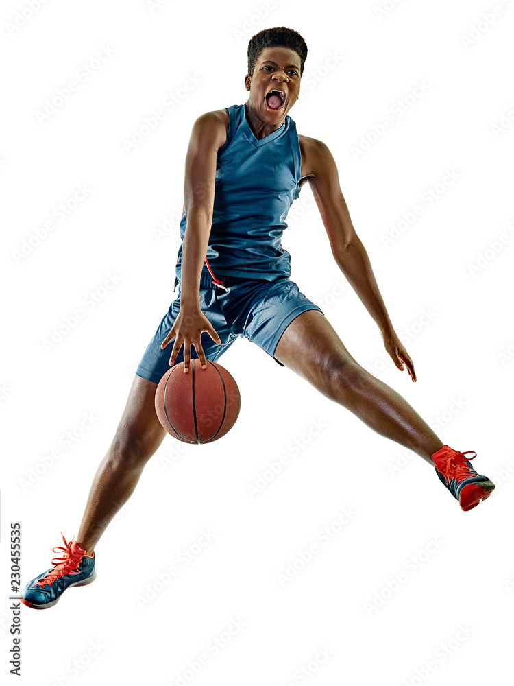Fototapeta premium one african Basketball players woman teenager girl isolated on white background with shadows