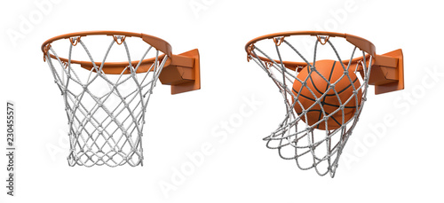 Fotografie, Obraz 3d rendering of two basketball nets with orange hoops, one empty and one with a ball falling inside