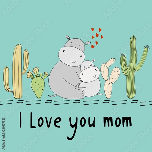 Baby shower cards. Vector hippo mom and baby
