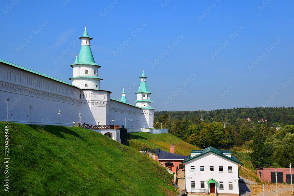 The fortress wall and eight towers of the New Jerusalem Monastery were built under the guidance of architect Yakov Bukhvostov in 1690. Russia, Istra, September 2018