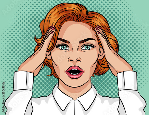 Vector pop art style illustration of a shocked girl. Beautiful girl with open mouth. The girl with red hair holds her hands over her head. The girl is in a panic. Emotional frightened woman's face