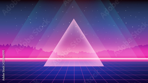 Retro Sci-Fi Background with mountains and triangle. Futuristic Vector illustration in 80s posters style.