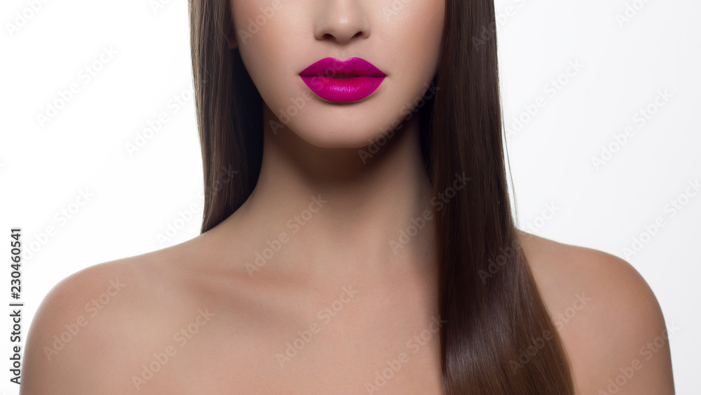Close-up portrait of beauty young woman with pink lips, long hair, neck, clean skin and plump nude lips. Spa procedures, skin care, injections, lamination, liposuction, cosmetology, beautiful, makeup Close-up portrait of beauty young woman with pink lips, long hair, neck, clean skin and plump nude lips. Spa procedures, skin care, injections, lamination, liposuction, cosmetology, beautiful, makeup