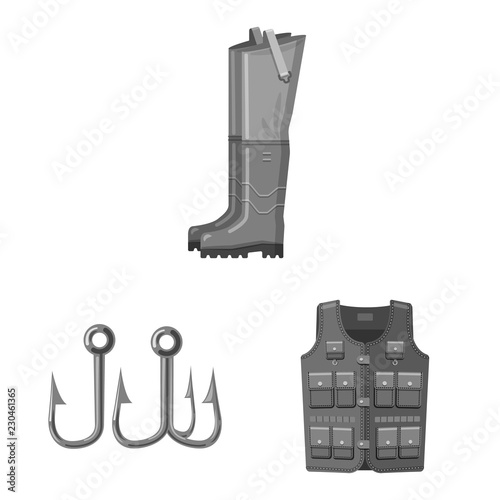 Vector illustration of fish and fishing symbol. Collection of fish and equipment stock symbol for web.