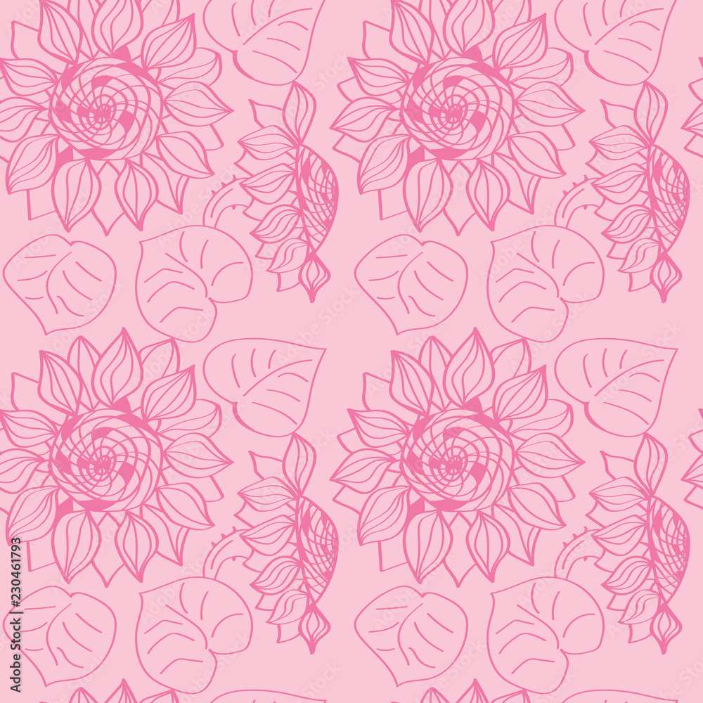 floral seamless pattern with flowers and leaves, sunflower
