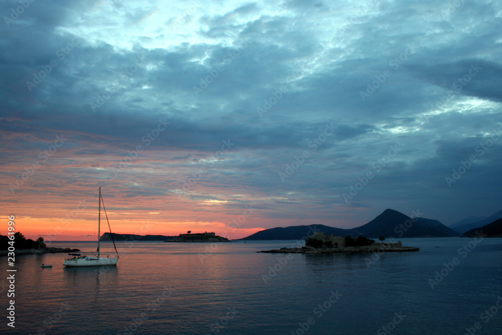 Fantastic sunset landscape with dramatic sky at Peninsula Lustica in Montenegro