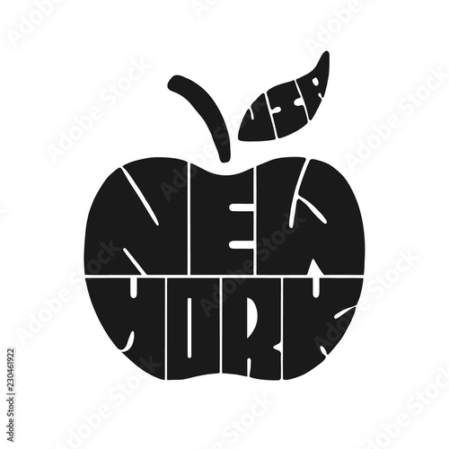 New York city - hand drawn lettering placed into an apple, symbol of NY. Vector design element.