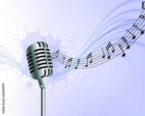 abstract music background realistic microphone wave notes blue background