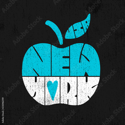 New York city poster. Hand drawn lettering placed into an apple, symbol of NY on dark background with canvas texture.