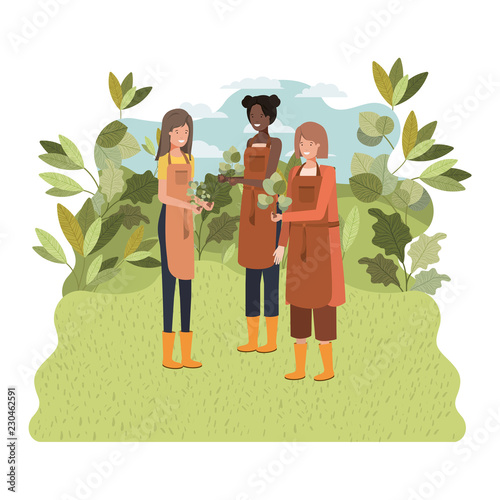women gardeners with landscape avatar character