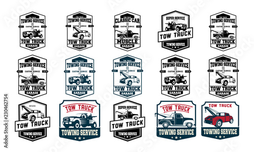 vintage car tow truck emblems, labels and design elements,pickup truck logos, emblems and icons. Car service logotype design. Tow and wrecker truck. Pickup with snow plow.