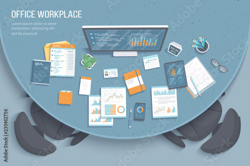Top view of modern stylish round desk in office, armchairs, office supplies, documents, calendar, notepad, folders, envelope, book. Charts, graphics on a monitor screen. Workplace Desktop Vector