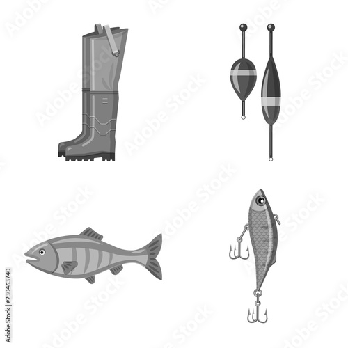 Vector design of fish and fishing sign. Collection of fish and equipment stock symbol for web.