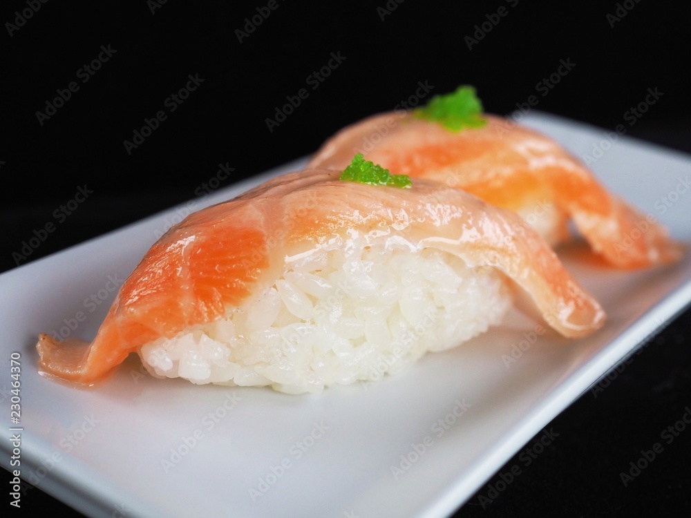 Close up delicious sushi over dark background copy space.