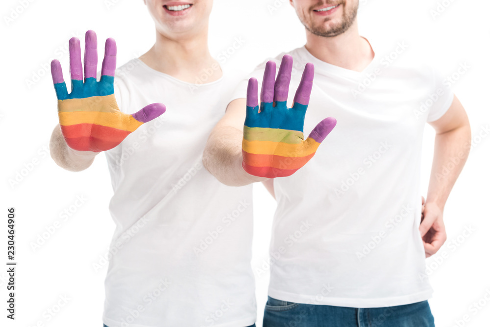 cropped image of smiling gay couple showing hands painted in colors of pride flag isolated on white, world aids day concept cropped image of smiling gay couple showing hands painted in colors of pride flag isolated on white, world aids day concept
