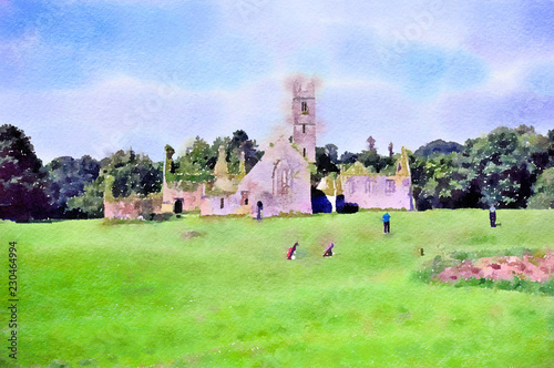 Watercolour painting of the old Franciscan friary at the Adare Manor golf club in Ireland on a summer day.