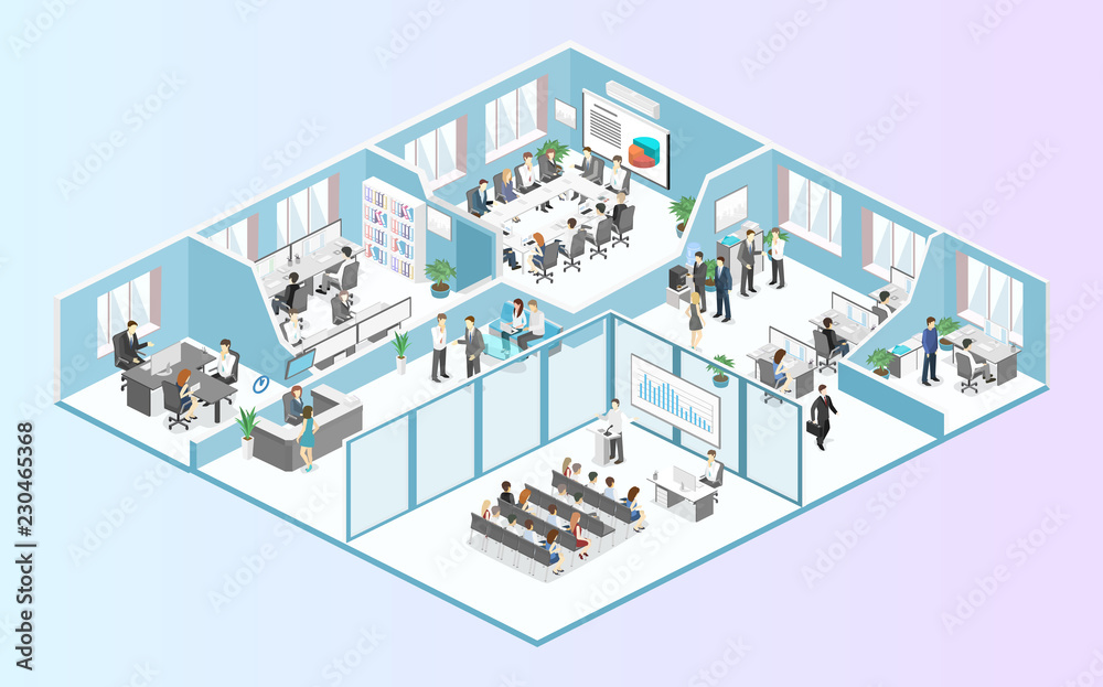 Isometric flat 3d abstract office floor interior departments concept vector.