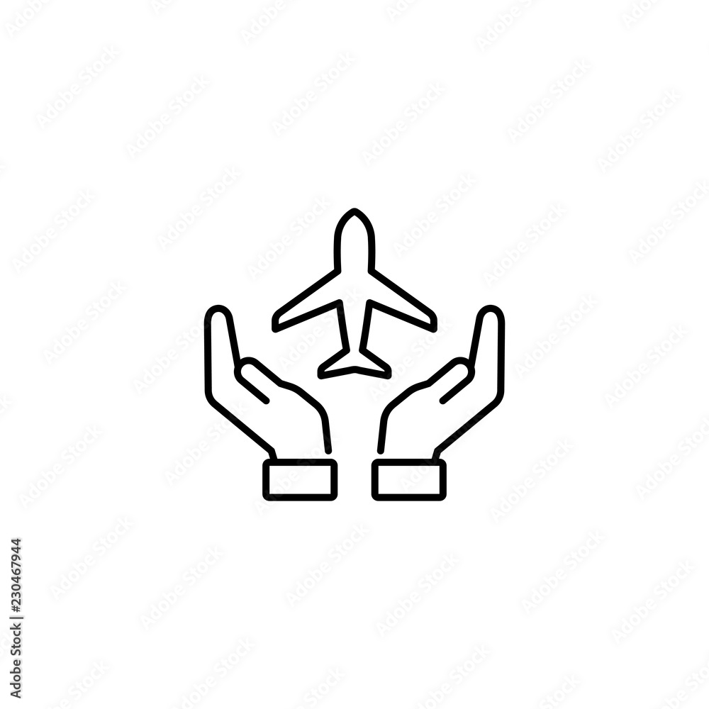 two hands holding airplane line black icon on white background two hands holding airplane line black icon on white background