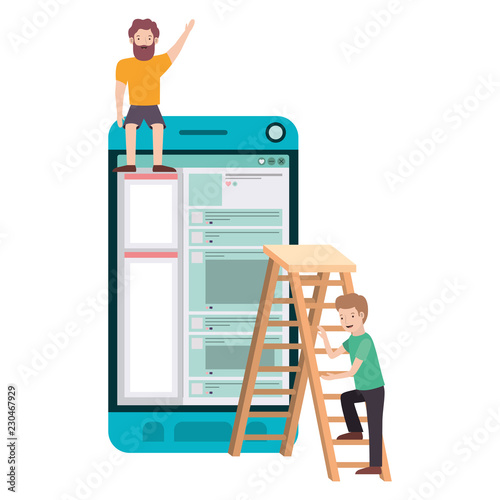 men with smartphone and stepladder avatar chatacte
