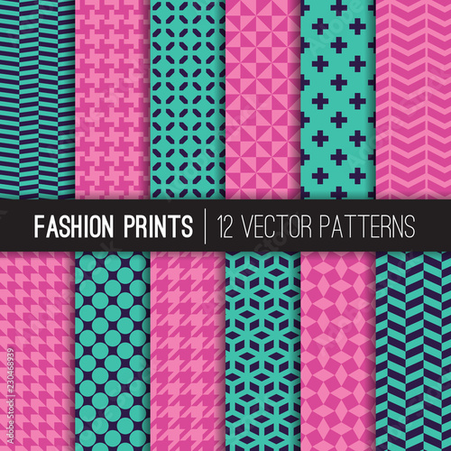 Fashion Prints Vector Patterns in Orchid Pink, Teal and Navy. Houndstooth, Herringbone, Triangle, Cross, Lattice, Polka Dots, Chevron Geometric Duo Tone Textures. Repeating Pattern Tile Swatches Incl