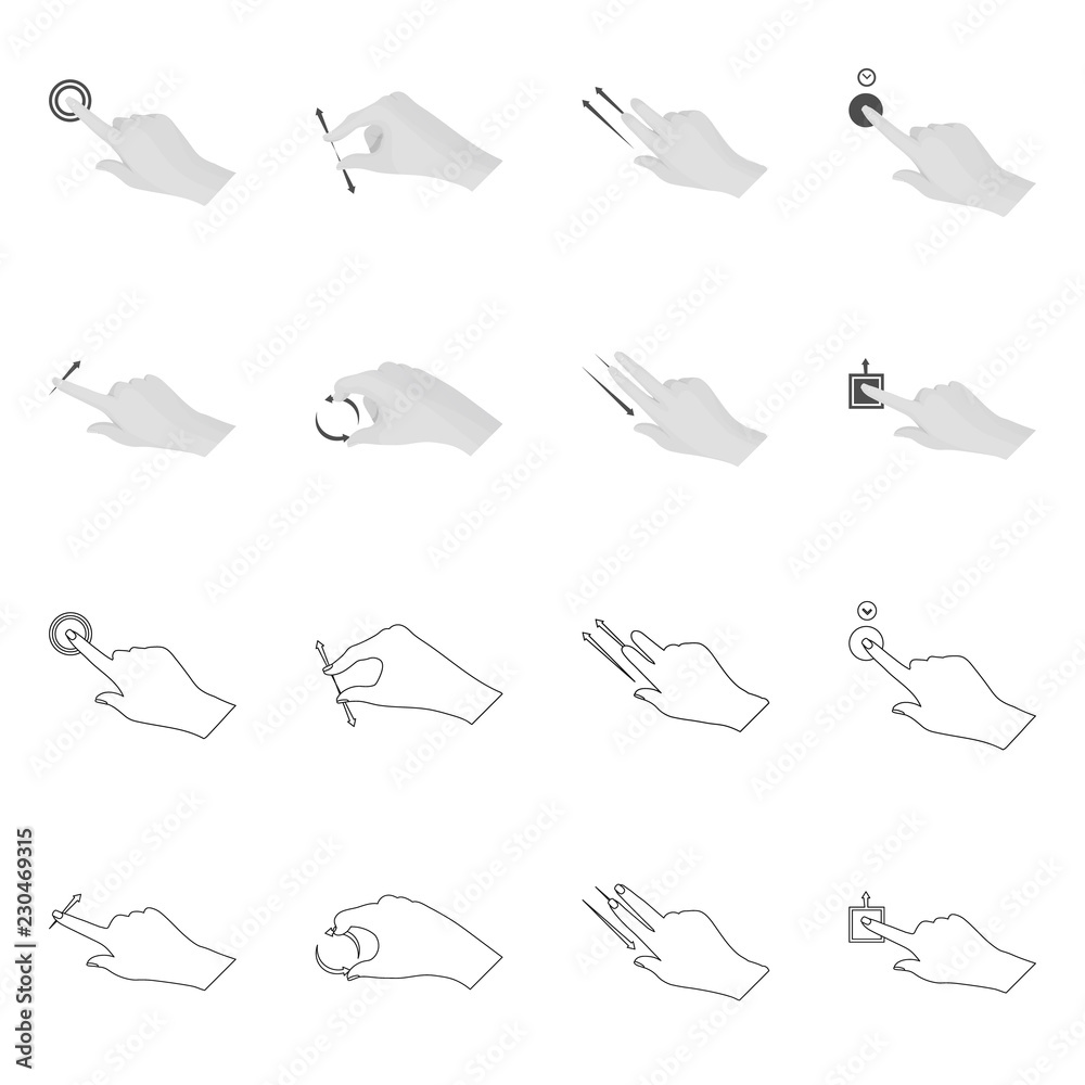 Isolated object of touchscreen and hand logo. Collection of touchscreen and touch vector icon for stock. Isolated object of touchscreen and hand logo. Collection of touchscreen and touch vector icon for stock.