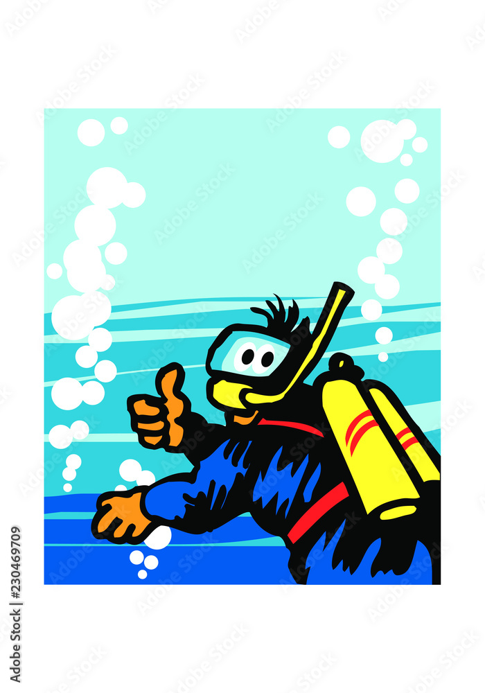 Scuba diving. cheerful diver deep in the sea. vector image for illustration