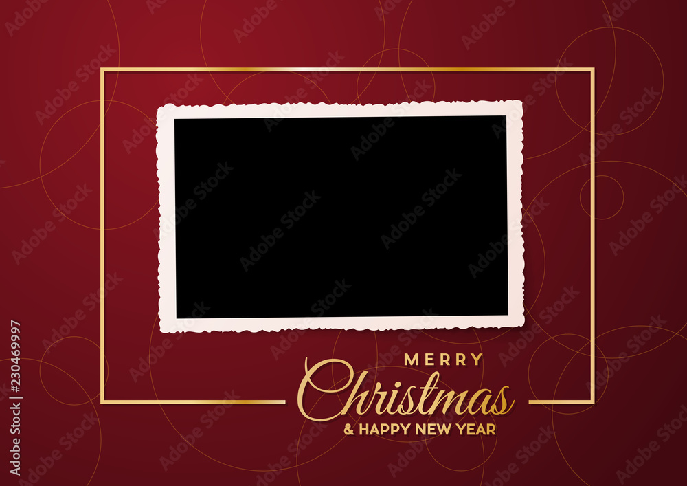 Merry Christmas, empty background and blank photo, made with golden frame and text - obrazy, fototapety, plakaty 