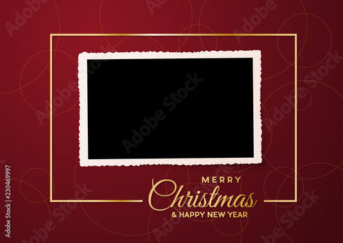 Merry Christmas, empty background and blank photo, made with golden frame and text