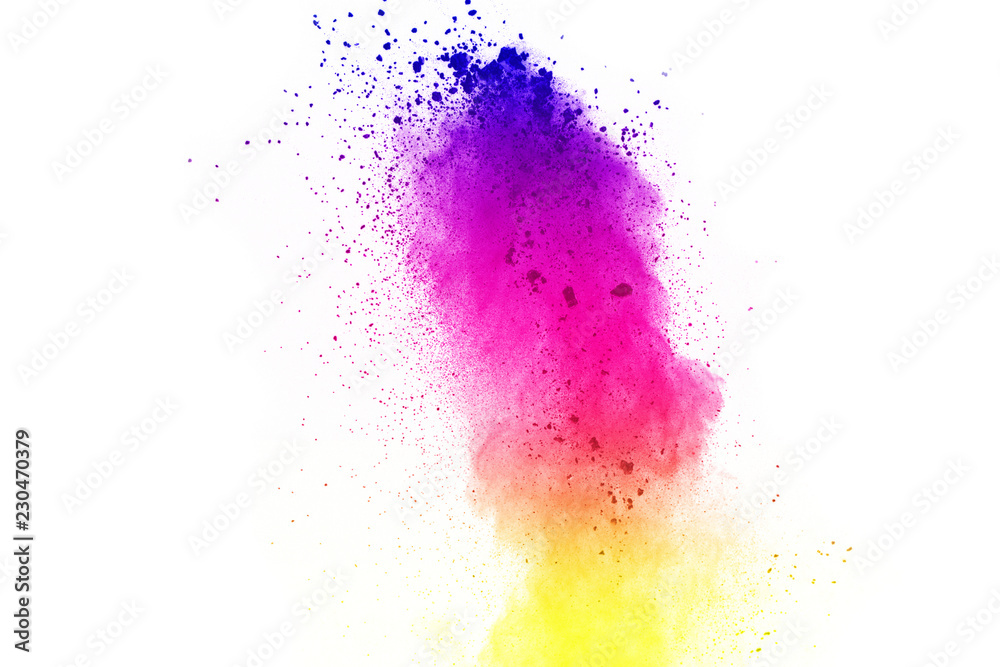 Freeze motion of colored powder explosions isolated on white background.