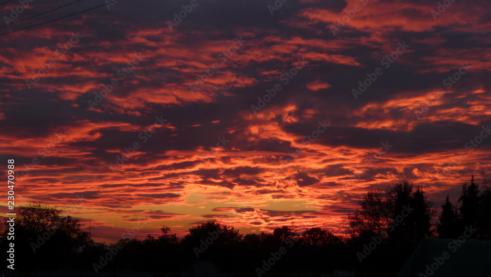 Obraz premium Evening. Bright beautiful sunset. Clouds illuminated by the sunset.