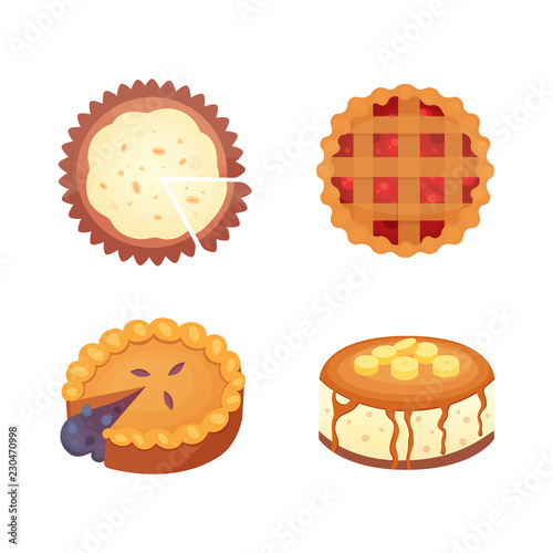 Sweets desserts objects collection, strawberry cakes, fruit and berry sweet pies with cream. Homemade bakery cake dessert pie vector set.
