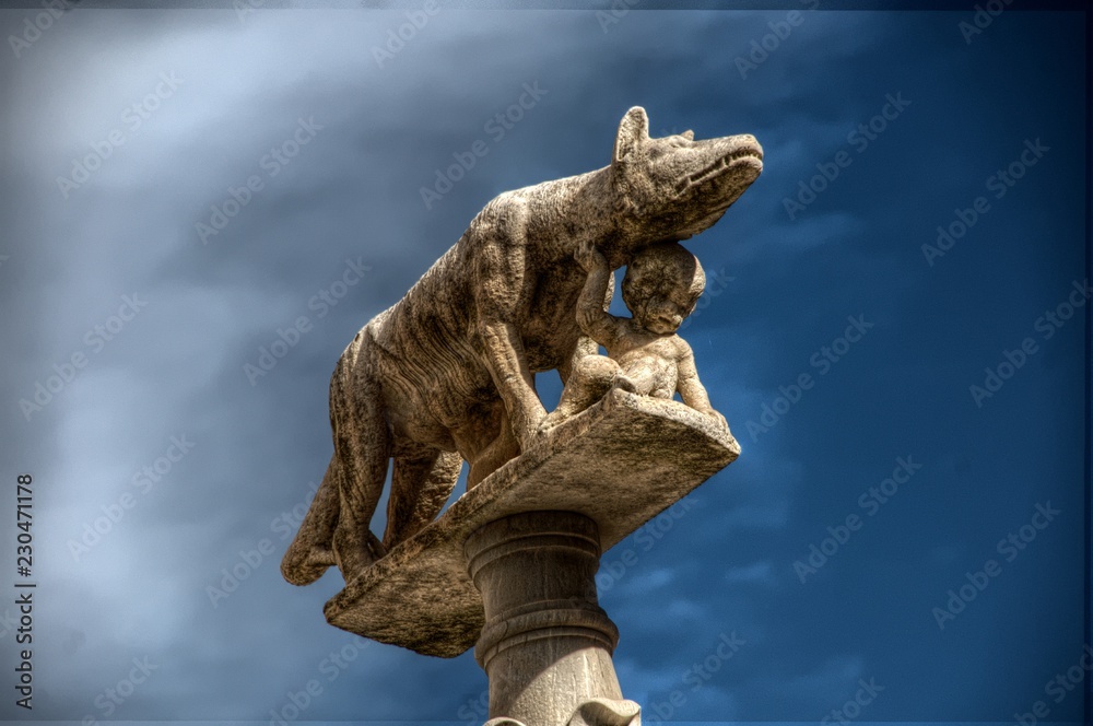 Rome's Wolf; Romulus and Remus with their wet-nurse; statue in Siena, Tuscany