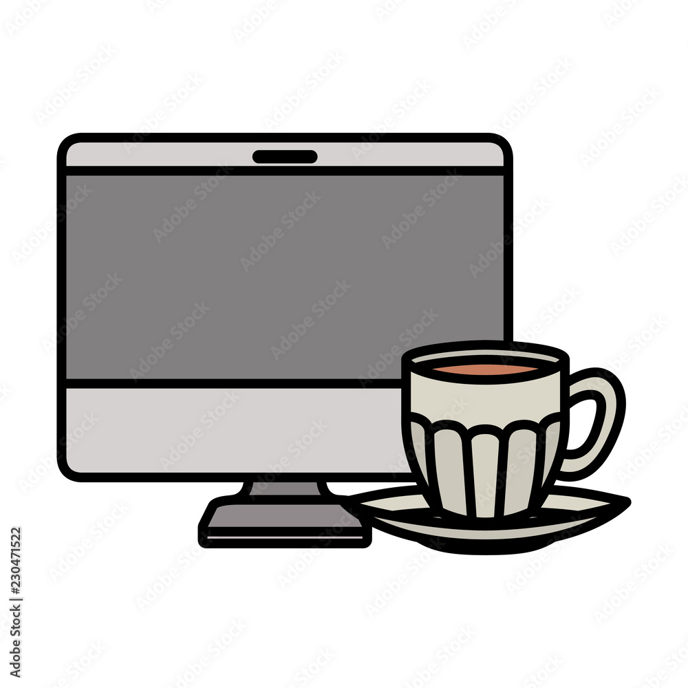 computer desktop with cup of coffee isolated icon computer desktop with cup of coffee isolated icon