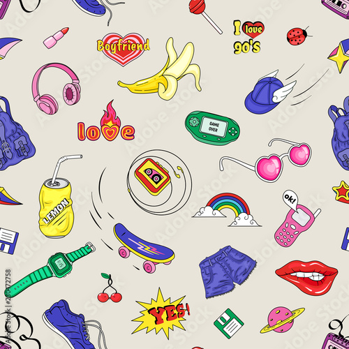 Seamless pattern with fashion badges retro style