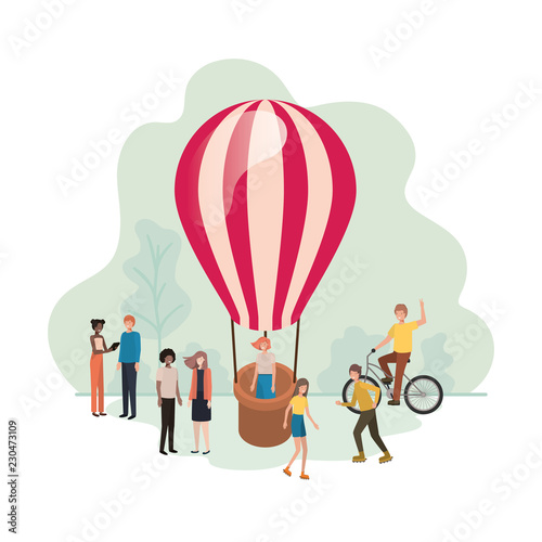 group of people with balloon air hot flying