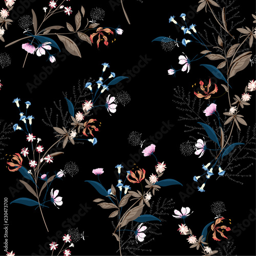Trendy  dark Floral pattern in the many kind of flowers. Botanical  Motifs scattered random. Seamless vector texture. for fashion prints.