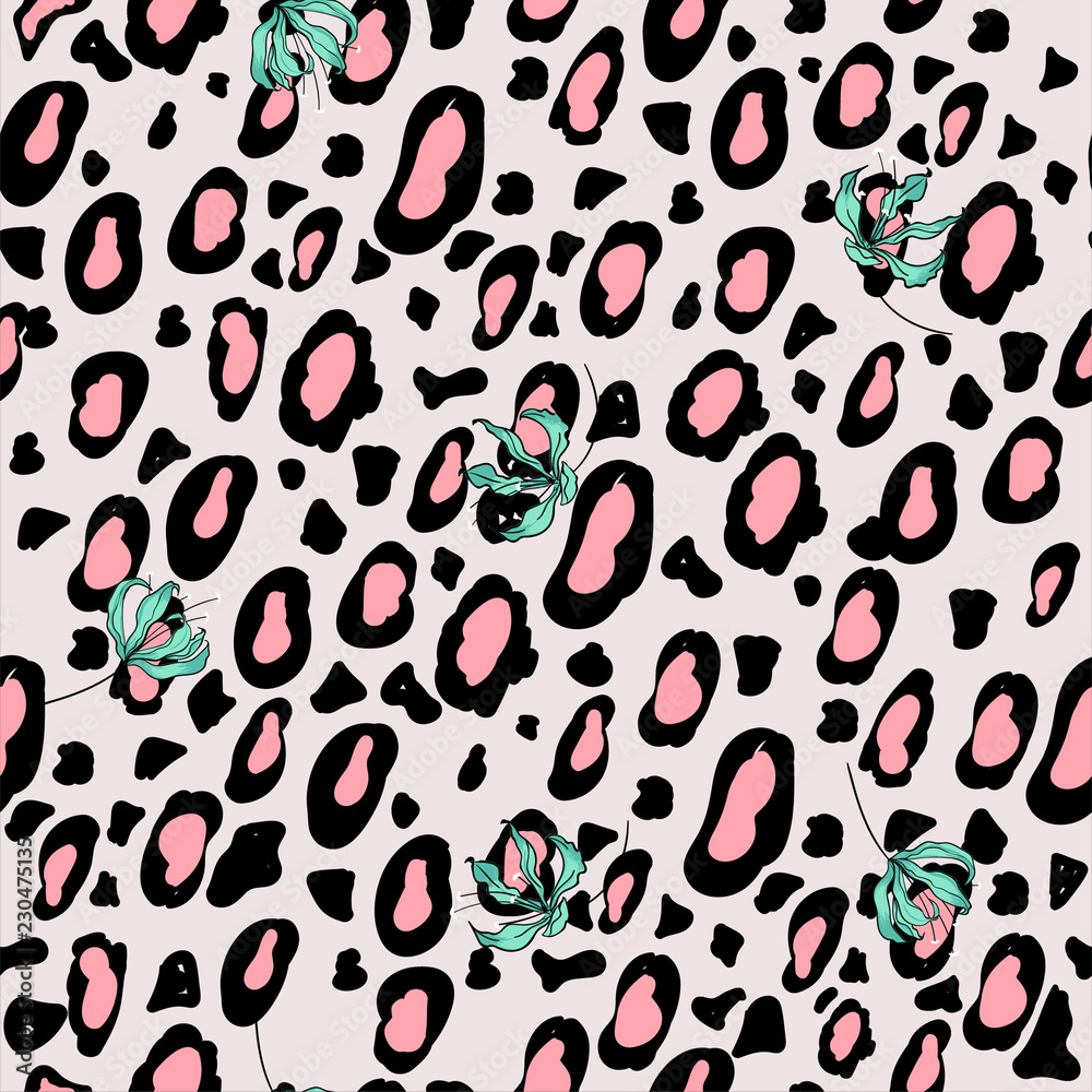 Vector illustration floral mix with animal print summer seamless white color background pattern Vector illustration floral mix with animal print summer seamless white color background pattern