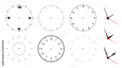 Clock face blank isolated on white background. Vector clock hands. Set for watch design photo