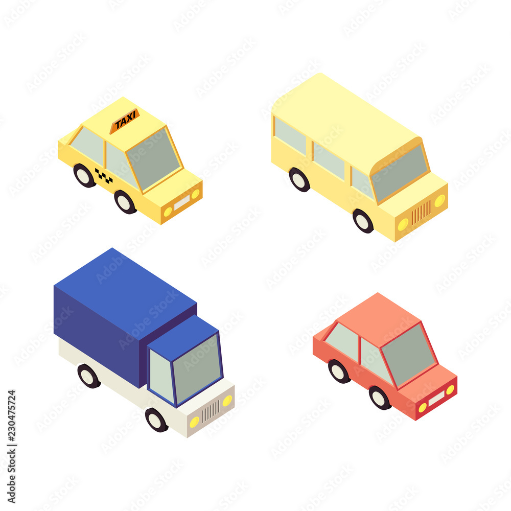 Funny cartoon car icons. Flat 3d isometric high quality city transport. Sedan, Taxi, Bus, Truck.