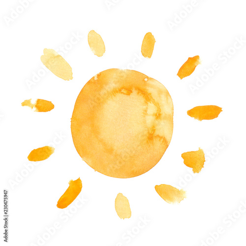 Simple abstract bright yellow shining sun painted in watercolor on clean white background