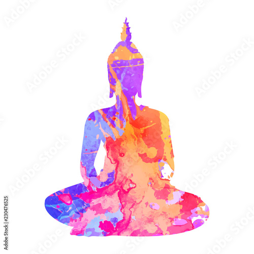 Silhouette of Buddha meditating in the single lotus position. Silhouette with a trced watercolor texture. Textile print, yoga background. Tattoo design. EPS10 vector illustration