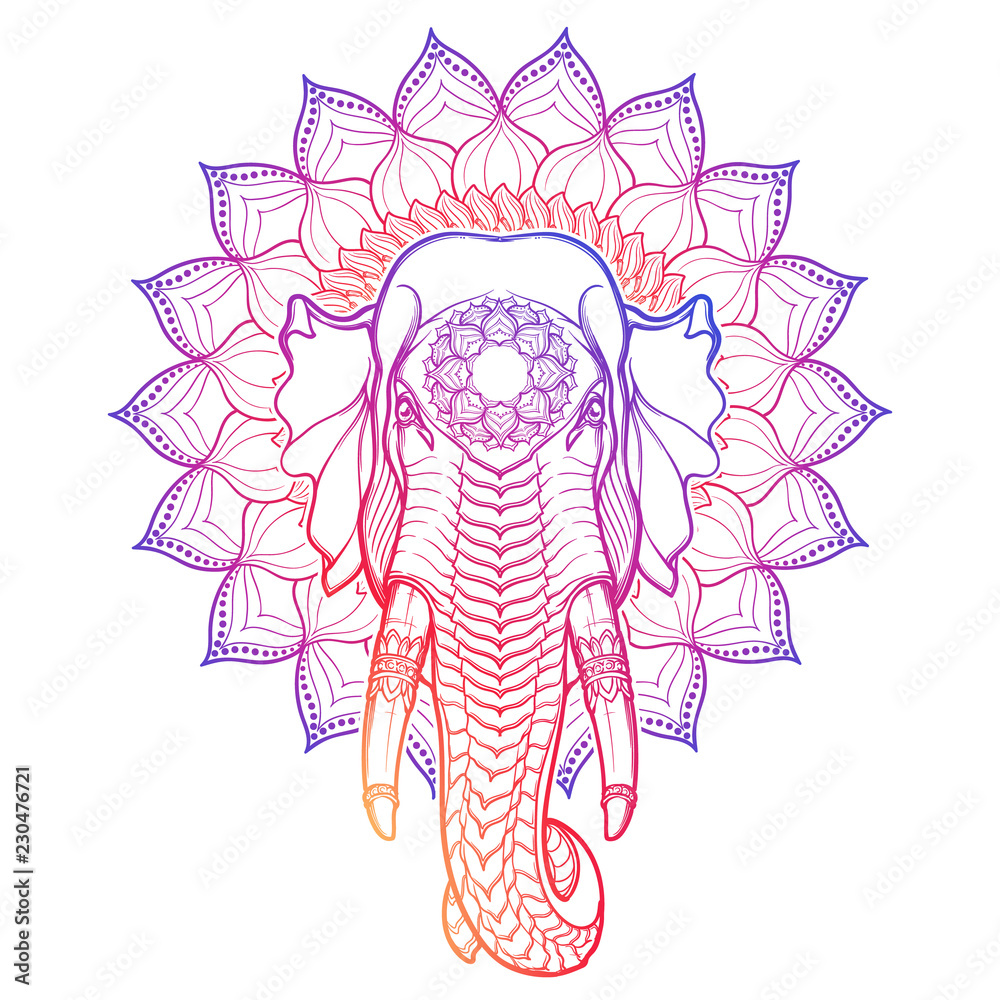 Fototapeta premium Elephant head isolated on a decorative Lotus frame. Popular motiff in Asian arts and crafts. Intricate hand drawing isolated on a white background. Tattoo design. EPS10 vector illustration