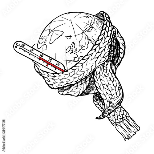 Planet Earth with scarf and thermometer represents global warming as one of the most acute environmental problems. Sketch style drawing isolated on a white background. EPS10 vector illustration