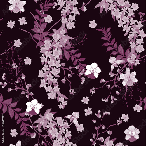 Monitone flower pattern on dark purple Motifs scattered random. Seamless
