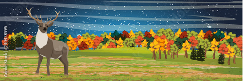 Young wild reindeer on a meadow in front of a forest. Autumnal deciduous forest on the horizon. Realistic Vector Landscape