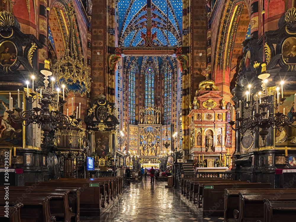 Krakow, Poland. Interior of St. Mary's Basilica (Church of Our Lady Assumed into Heaven). The church was founded in the 13th century and consecrated around 1320.