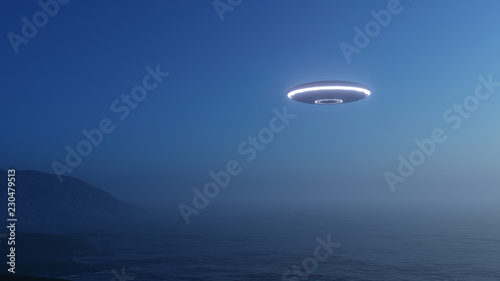 3d render UFO above the ocean